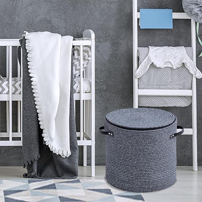 Cotton rope Storage Basket with Zipper cover & Woven baskets with Lid easy to move Multi-Purpose Storage Basket for Living Room, 13 x14 inches(DARK GREY)