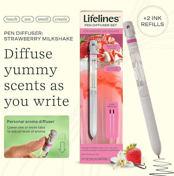 Lifelines Pen Diffuser Set, Strawberry Milkshake - 1mm Black Ballpoint Pen with Scented Essential Oil Blend & 2 Ink Refills – Aromatherapy Diffuser & Sensory Immersion Diffuse Aroma As You Write