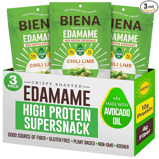 Biena Crispy Roasted Edamame Beans Snack – High Protein Snack for Adults & Kids, 12g-13g Protein per Serving - Made with Avocado Oil – Vegan, Low Carb, Gluten-Free – 3-Pack 4.75oz, Chili Lime