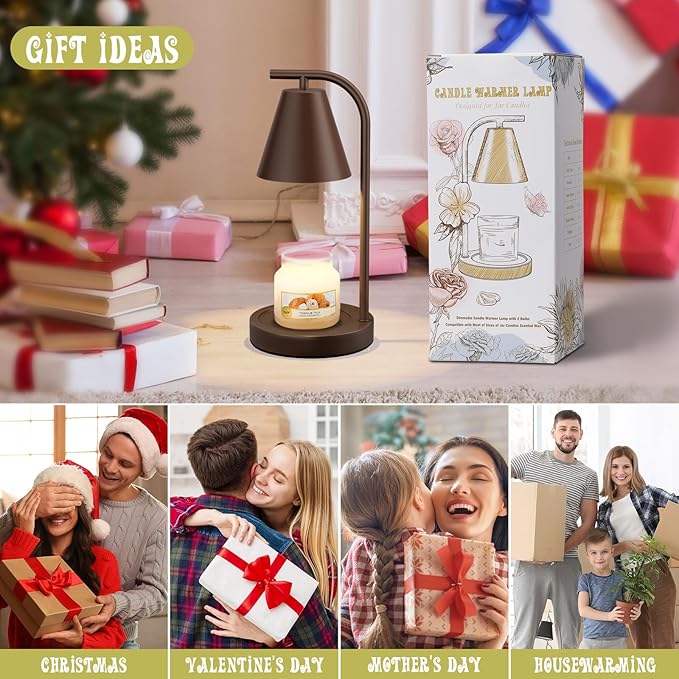 Candle Warmer Lamp with Timer - Electric Wax Melter for Jar Candles with 2 Bulbs, Flameless Scented Candle Warmer for New Home, Creates Cozy Ambiance, Modern House Warming Gift for Women (Brown)
