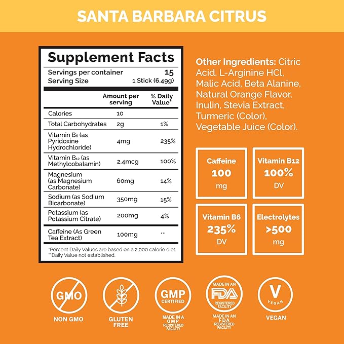 Voli Energy Drink Mix Packets | Natural Pre-Workout Powder with Green Tea Caffeine & B Vitamins, Amino Acids & Electrolytes for Sustained Focus, Hydration & Clean Energy | No Added Sugar, 15-Count