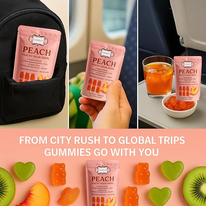 Confect Peachy Sour Swirl Fruit Gummies – Vegan Candy – 6 Packs x 1.76 oz – Gluten-Free, No Corn Syrup, Teddy Bear Shape