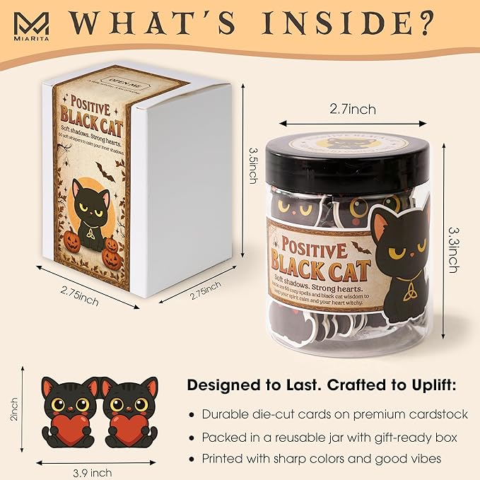 Positive Black Cats Jar – 60 Affirmation Cards for Anxiety & Self Care, Black Cat Halloween Gifts for Women, Kids, Teens & Men, Mental Health & Stress Relief Support Gifts