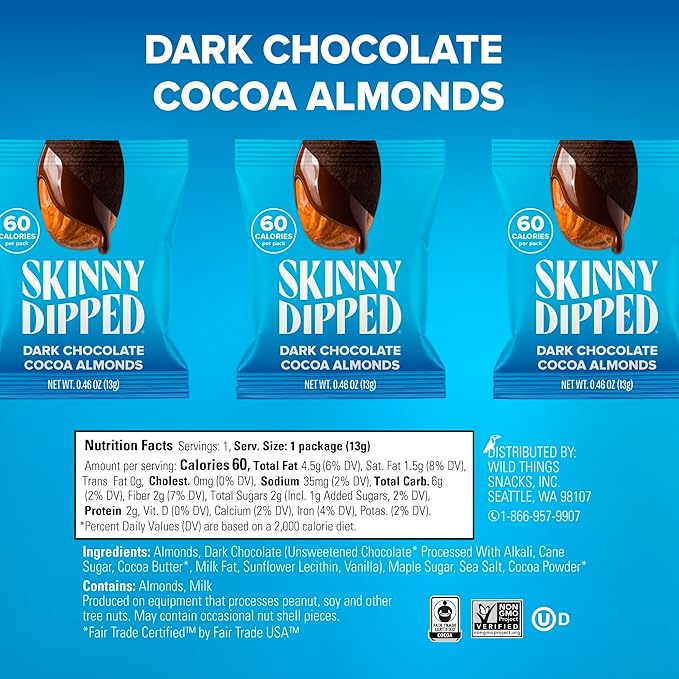 SkinnyDipped Snack Attack Minis Almond Variety Pack, Healthy Snack, Plant Protein, Gluten Free, 0.46 oz Mini Bags, Pack of 25