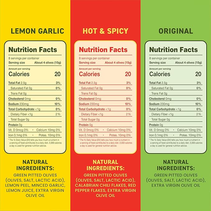 Freestyle Snacks Olive Snack Packs - Fresh Pitted Green Olives, 3 Flavors, Jumbo-Sized, Grown in Greece, Salty Snack, All Natural, Non-GMO, Paleo, Sugar-Free, Keto Snacks - Variety Pack, 4oz (3 Pack)