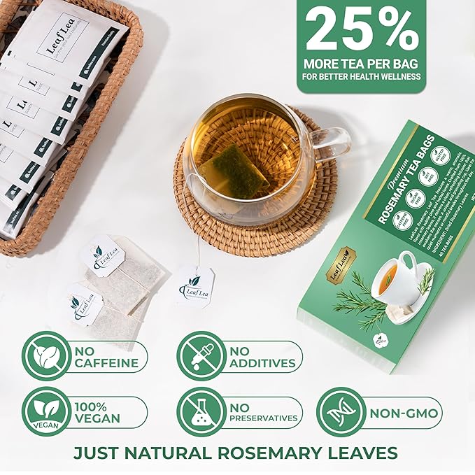 LeafLea 40 Premium Rosemary Tea Bags from 100% Natural Rosemary Leaves, Herbal Tea for Gentle Digestive Comfort, Te De Romero Earthy Taste & Light Aroma, Caffeine-Free, Sugar-Free, Non-GMO