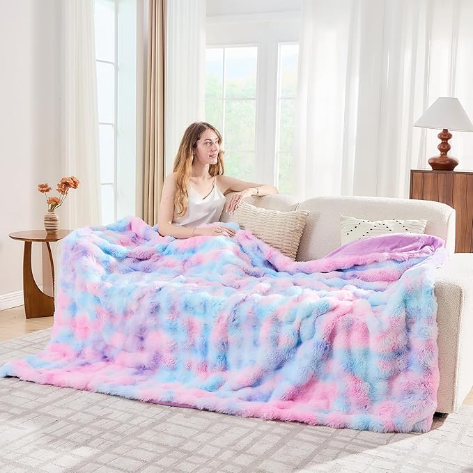 Lotus Karen Faux Fur Throw Blanket Tie-Dye Purple Rainbow - Big Bubble Rabbit Fluff Blanket for Couch, Small Fluffy Fuzzy Cozy Blanket,Thick Furry Plush Shaggy Blankets,50x60 Inches