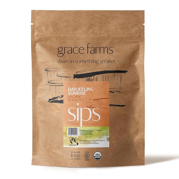 Grace Farms Organic Darjeeling Sunrise Black Tea, 50 Sachet Pouch | Darjeeling & Orange | Fairtrade & Kosher |Gives Back 100% of Profits