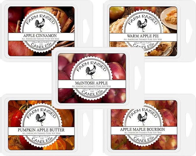 Farm Raised Candles – Apple Wax Melts Variety Pack - 1 Pound Total (16 oz) – Apple Cinnamon, Pumpkin Apple Butter, Warm Apple Pie, Apple Maple Bourbon, McIntosh Apple – USA Soy Wax Cubes
