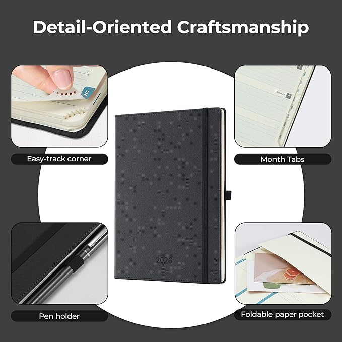 IN-LUXPRO Weekly Monthly 2026 Planner (Jan.26-Dec.26),11.5"x8.5",12 Months Agenda Plan with Month Tabs & Pocket,Expenses/Note Pages, Appointment Book Calendar with Hardcover Vegan Leather Cover,Black