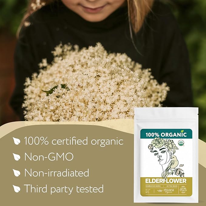 Organic Elderflower Tea Bags - Elder Flowers for Respiratory Health, Immunity - Herbal Tea for Cold Weather Days - Sauco do Flores - Seasonal Blend - 40 Teabags