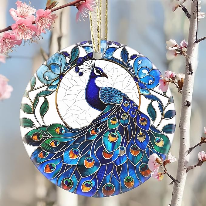 Ceramic Peacock Hanging Ornament - Christmas Tree Decor - Gifts for Peacock Lovers