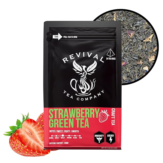 Revival Tea Company Strawberry Green Tea - Green Tea Blend with Natural Strawberry Flavor - Loose Leaf 6 Ounces