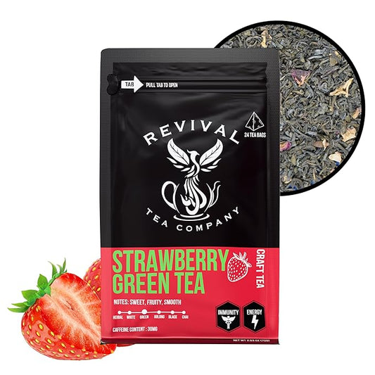 Revival Tea Company Strawberry Green Tea - Green Tea Blend with Natural Strawberry Flavor - Loose Leaf 6 Ounces