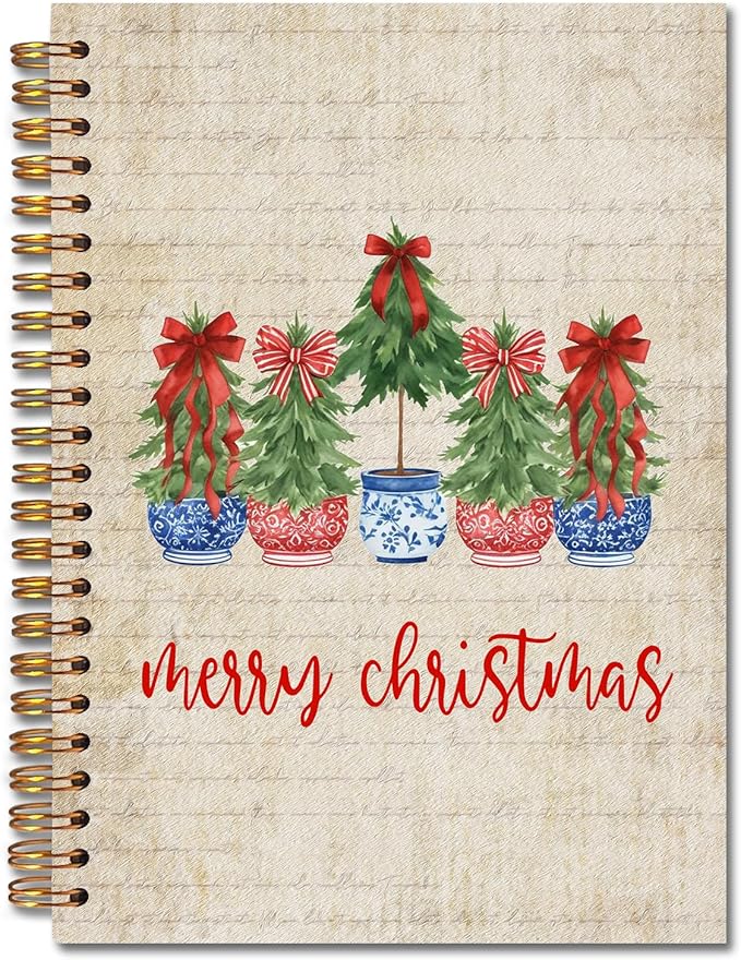 Exqcom Red and Blue Chinoiserie Christmas Tree Spiral Notebook Gifts, Grandmillennial Christmas Retro Journal for Women, Preppy Red Bow Hardcover Notebook Journal Office School Supplies, 5.5x8.3 Inch