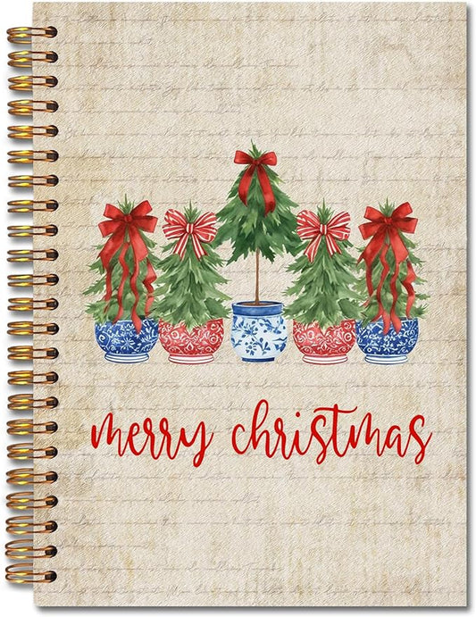 Exqcom Red and Blue Chinoiserie Christmas Tree Spiral Notebook Gifts, Grandmillennial Christmas Retro Journal for Women, Preppy Red Bow Hardcover Notebook Journal Office School Supplies, 5.5x8.3 Inch