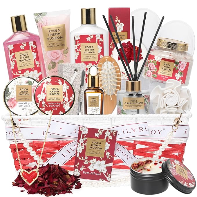 Christmas Gifts for Women - 19-Piece Luxury Rose & Cherry Blossom Spa Gift Basket Set Bath and Body Gift Sets Care Kit with Necklace | Valentine's Day, Mothers Day Gifts Baskets for Mom, Wife