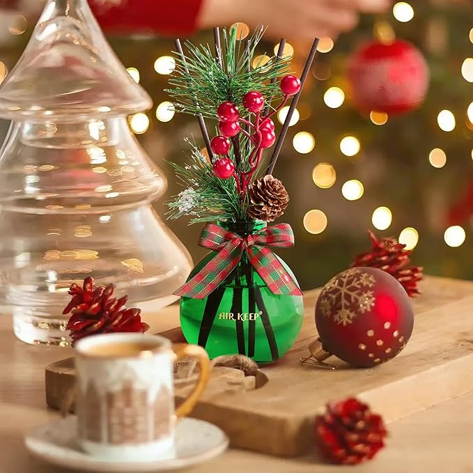 Airkeep Flower Reed Diffusers Set, 5.07 oz Christmas Balsam & Cedar Scented Diffuser with 8 Sticks, Long Lasting Home Fragrance for Long Days, Perfect for Bathroom, Shelf Decor, Air Fresheners
