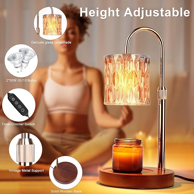 Candle Warmer Lamp with Timer, Dimmable Candle Warmer Lamp, Adjustable Height Candle Lamp, Electric Candle Lamp Warmer with 2 Bulbs, Candle Warmer Lamp for Home Bedroom Decor (Wooden Base)