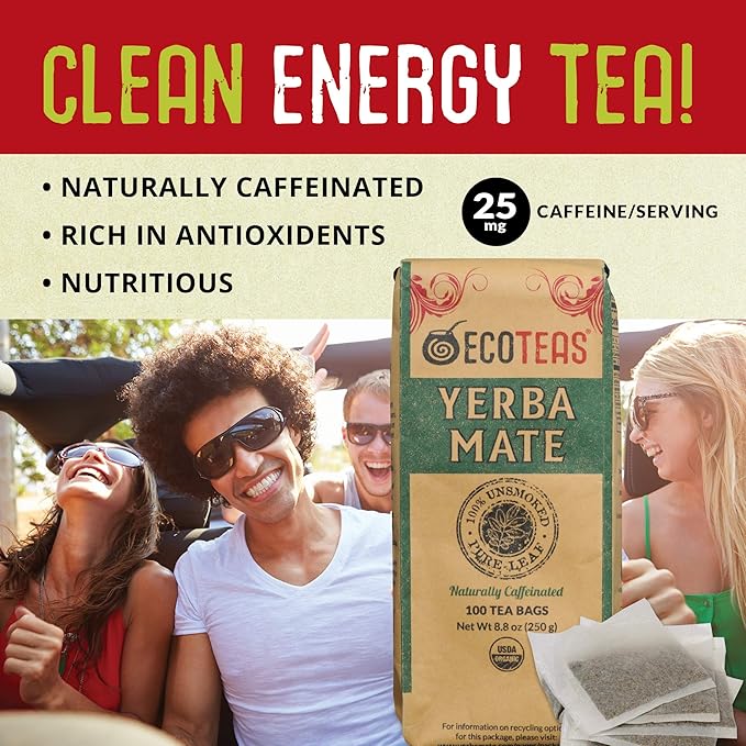 ECOTEAS PremiumOrganic Yerba Mate Tea Bags – Natural Energy & Detox Herbal Tea – Coffee Alternative - Kosher, Non-GMO, Gluten-Free - 100 Unsmoked Bulk Bags, 8.8 oz (Pack of 3)