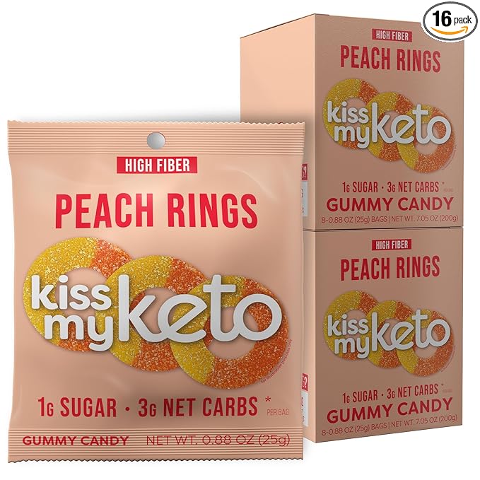 Kiss My Keto Sugar Free Gummies, Peach Rings 16-Pack – Satisfy Cravings while Staying in Ketosis – High Fiber, 3g Net Carbs, Non-GMO, Vegan, & No Gluten – Calorie-Friendly Vegan Candy