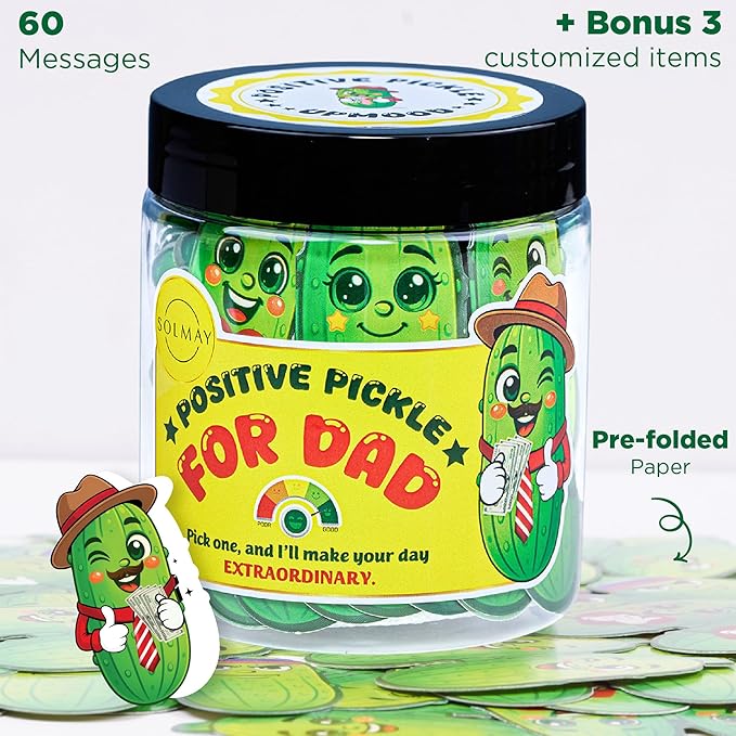 Motivational Pickle Jar for Dad – 60 Funny Affirmations & Positive Notes | Unique Gift for Fathers, Men, Coworkers | Self Care, Just Because Gift, Positive Cards, Uplifting Desk Decor