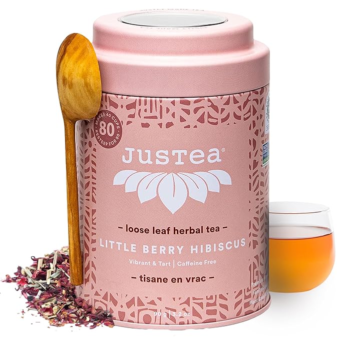 JusTea LITTLE BERRY HIBISCUS | Loose Leaf Herbal Tea | Tin with Hand Carved Tea Spoon | 40+ Cups (3.2oz) | Caffeine Free | Award-Winning | Fair Trade | Non-GMO