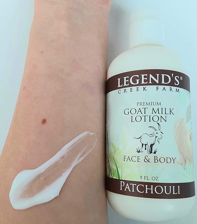Legend's Creek Farm Goat Milk Lotion - Deeply Moisturizing Goat Milk Body Lotion for Body, Hand & Face - 9 oz Body Moisturizer with Shea Butter, Sunflower Oil, Aloe, Handmade in USA (Patchouli L.)