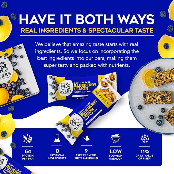 88 Acres Granola Bars | Blueberry Lemon | Gluten Free, Nut-Free Oat and Seed Granola Bar | Vegan & Always Non GMO | 12 Pack