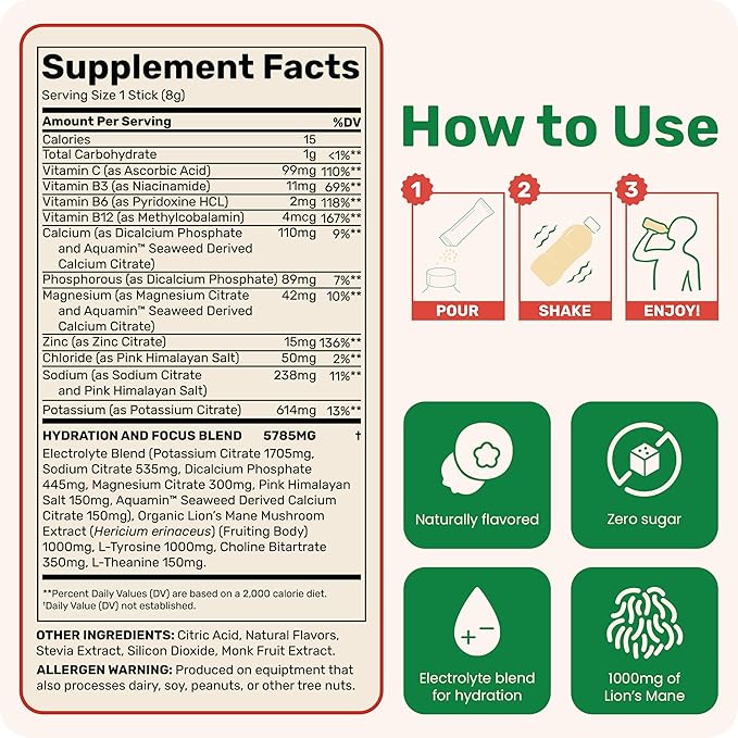 Fungies Electrolyte Drink Mix with Lion's Mane Mushroom & Essential Electrolytes, 24 Variety Pack - Sugar-Free Hydration Supplement Powder for Adults for Brain Health & Focus - Mushroom Supplement