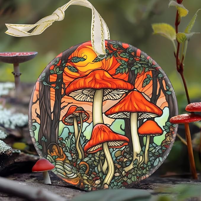 Ceramic Mushroom Christmas Ornament, 3.5 Inch Hanging Decor for Tree, Gift Exchange Present