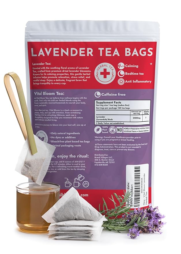 Vital Bloom 120 Tea Bags Lavender Tea, Stress Relief Herbal Tea, Sleepytime Tea, 100% Natural- No Sugar, Caffeine Free, No Gluten, Vegan - Bleach Free (Free Tongs Included)