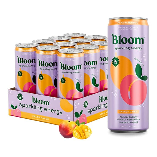 Bloom Nutrition Sparkling Energy Drink - Natural Caffeine, Zero Sugar, 180mg Caffeine - Antioxidant-Rich w/Green Coffee Bean, Green Tea Extract, Prebiotics - 12oz 12 pk