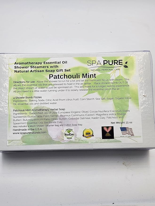 Spa Pure Aromatherapy Gift Set: Patchouli Mint Artisan soap, Shower Steamers, made with plant based ingredients, Cotton Soap & Steamer bag (Patchouli Mint)