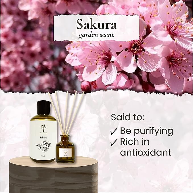 PRISTINE Sakura Reed Diffuser for Home | Cherry Blossom Flower Sakura Oil Diffuser & Reed Diffuser Sticks with Essential Oil Reed Diffuser Set | Home & Office | Perfect Blend for Calming & Restoring