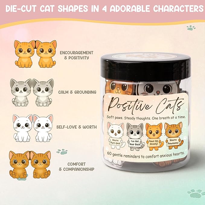 Positive Cats Jar – 60 Affirmation Cards for Anxiety & Self Care, Cat Gifts for Women, Teens & Men, Mental Health & Stress Relief Support Gifts, Cat Mom Gift