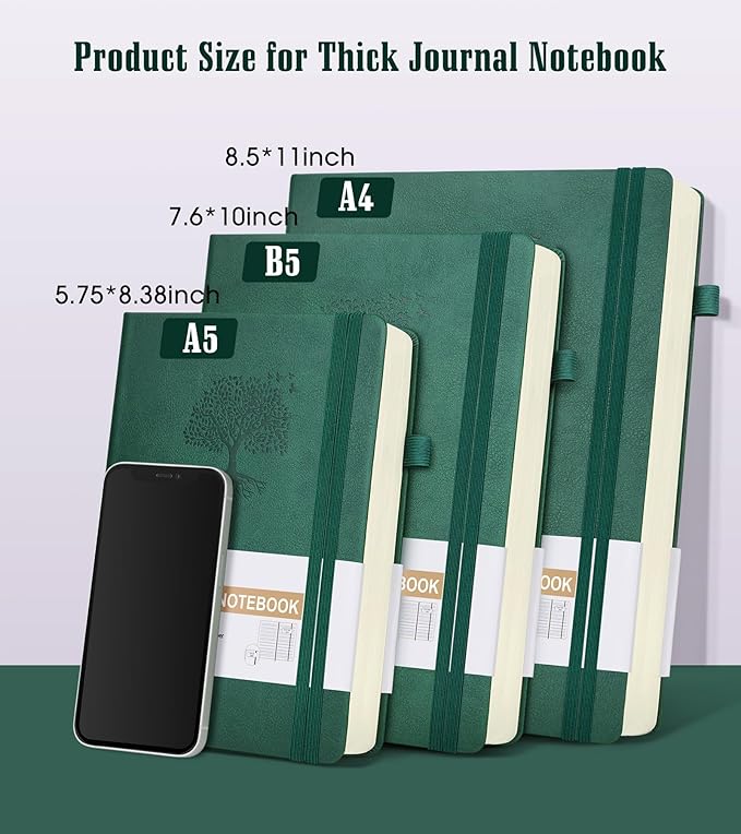 Lined Journal Notebook, 365 Pages B5 Large Journals for Writing Ruled Notebook, Hardcover Leather Journal for Women Men, Daily Notebook for Work, Note Taking, 100Gsm Thick Paper( 7.6'' X 10'' Green)