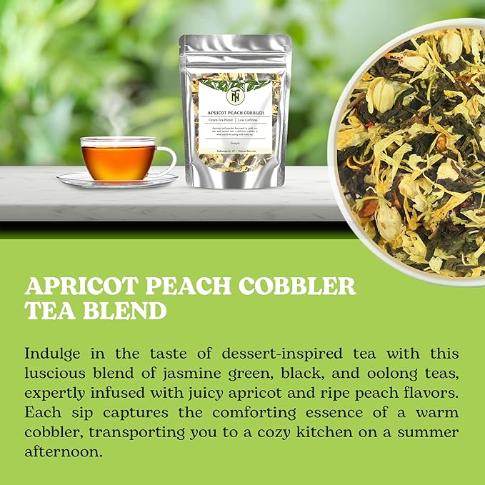 Nelson's Tea Apricot Peach Cobbler Tea Loose Leaf Blend - Jasmine Green Tea, Black Teas, Oolong, Safflower & Marigold Petals - Apricot Peach, Black Jasmine Teas (Sample 0.3 Oz)