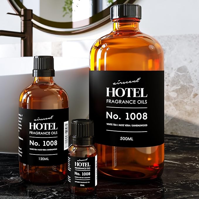 AirScent Hotel Diffuser Oil No. 1008 - White Tea, Aloe Vera & Sandalwood - Premium Fragrance Oil for Ultrasonic and Waterless Diffusers and Crafting - 500 mL, 16.9 fl oz Glass Bottle