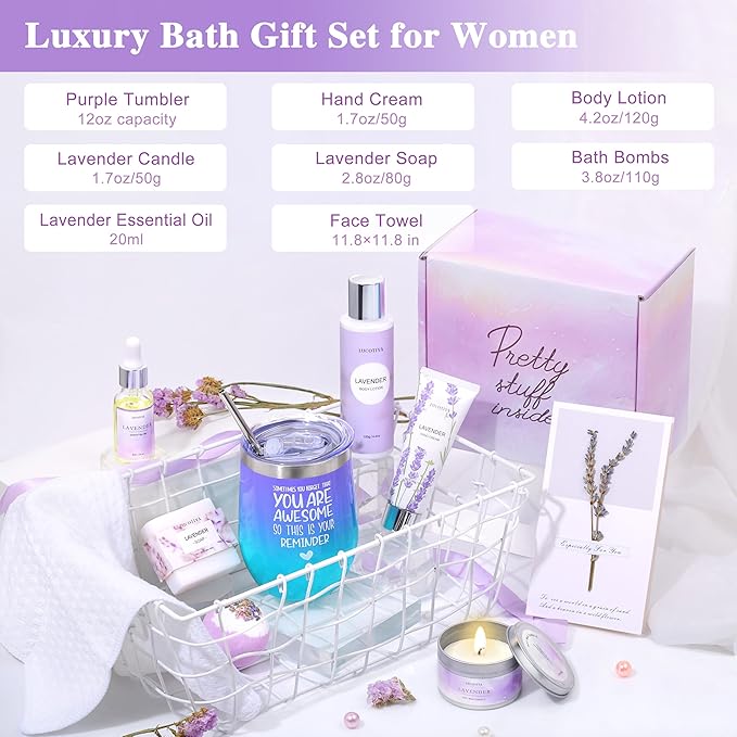 Gifts for Women Spa Gifts Baskets for Women Birthday Gifts Lavender Bath and Body Sets Mothers Day Gifts Relaxing Self Care Get Well Gift for Mom Her Girlfriends Sister Teacher Friends Coworkers