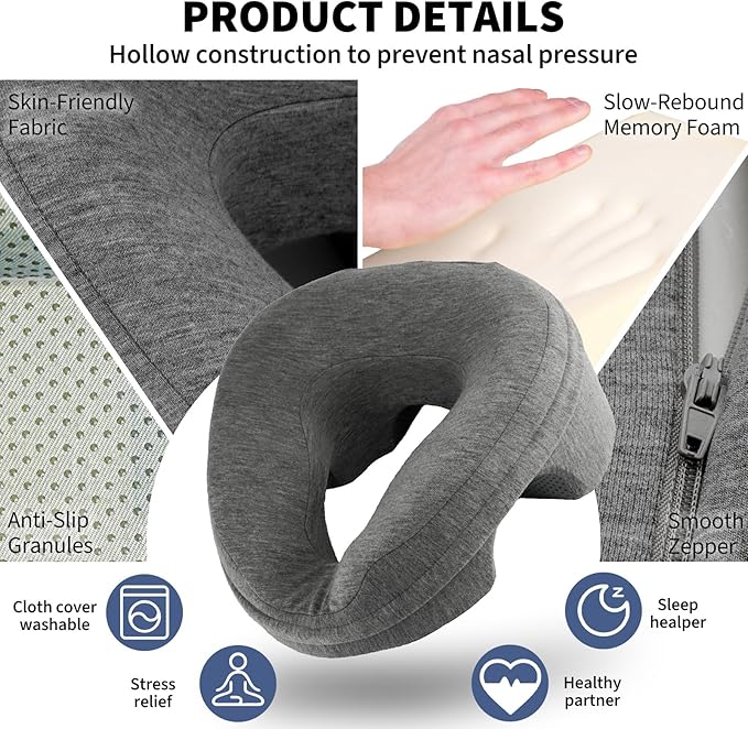 Face Down Pillow Massage Headrest for Bed, Stomach Sleeping Pillow, Face Cradle, BBL Pillow After Surgery Post Eye Surgery Recovery Equipment for Massage Tables,Piercing Pillows Removable Cover Black