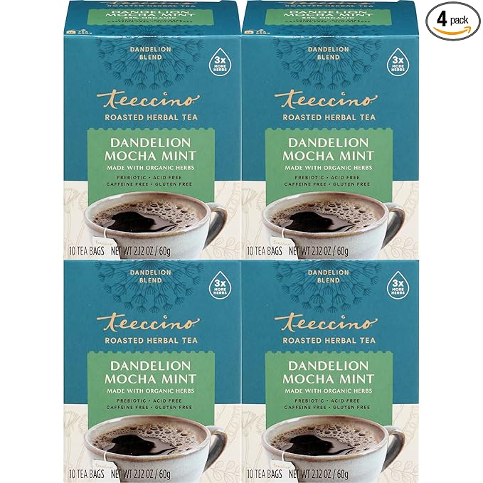 Teeccino Dandelion Mocha Mint Tea - Caffeine Free, Roasted Herbal Tea with Prebiotics, 3x More Herbs than Regular Tea Bags, Gluten Free - 10 Tea Bags (Pack of 4)