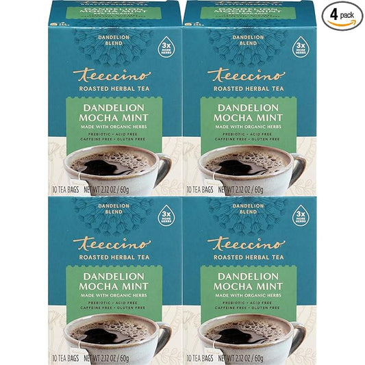 Teeccino Dandelion Mocha Mint Tea - Caffeine Free, Roasted Herbal Tea with Prebiotics, 3x More Herbs than Regular Tea Bags, Gluten Free - 10 Tea Bags (Pack of 4)