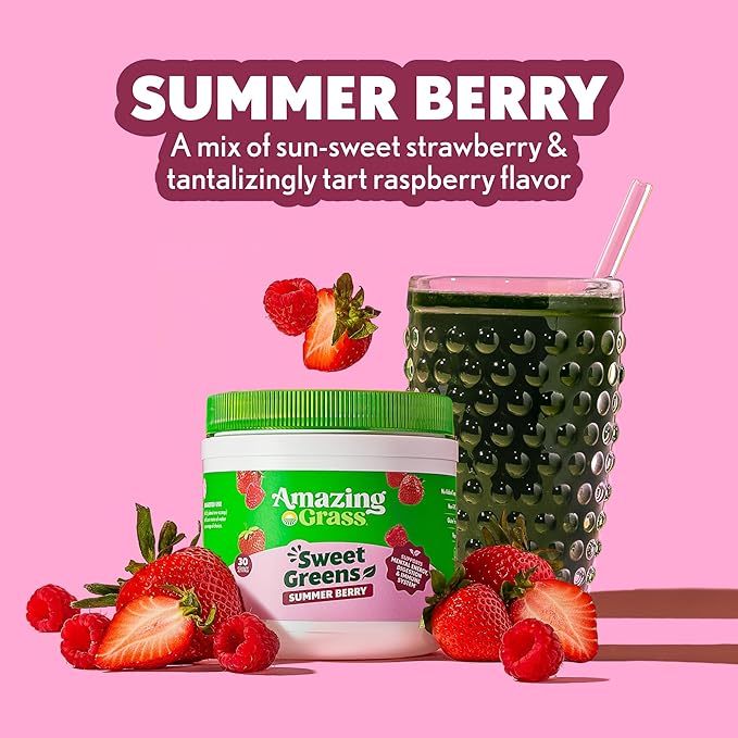 Amazing Grass Sweet Greens and Superfoods Powder for Digestive Health, Greens Powder, Digestive Enzymes, Probiotics, Spirulina, Chlorella, Summer Berry, 30 Servings