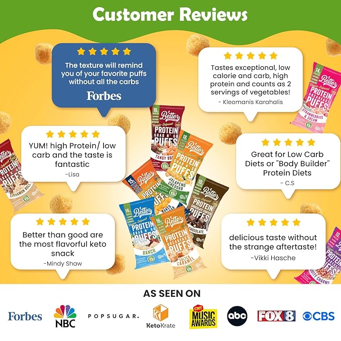 BETTER THAN GOOD Keto Protein Puffs | 16g Protein, 2 Servings of Fruits & Veggies | Paleo, Low Sugar, Low Calories, Gluten Free, Diabetic Friendly Keto Snacks (Full Sampler 9 Pack)