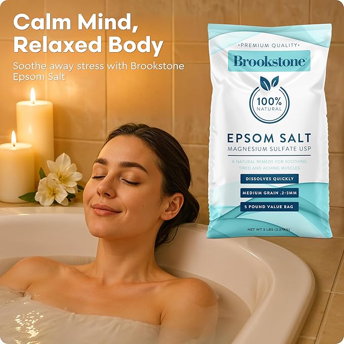 Brookstone 5 lb Epsom Salts Bulk Bag, Premium Magnesium Sulfate USP, Medium Grain – Unscented Salt Bath Soak, Bulk Epsom Salt Bath Soak for Soaking, Muscle Relief, Stress Relief & Skin Care
