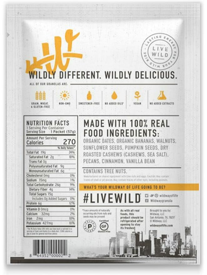 Wildway Keto Granola Snack Packs| Banana Nut | Grain-Free Certified Gluten-Free Cereal | Vegan, Low Carb & No Sugar Added | Paleo-Friendly, Non-GMO Fruit & Nut Clusters | Nutrient-Rich Snack | 4 Pack