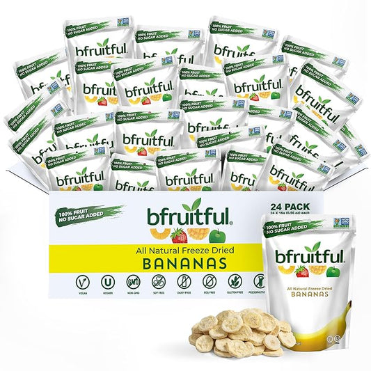 bfruitful Freeze-Dried Banana, Freeze Dried Fresh Fruit Bites, Gluten Free, Vegan, Dairy Free, Kosher, No Sugar Added, Non GMO, Healthy Snacks for Kids or Adults, 0.56 oz Single-Serve Snack Packets, 24 Pack