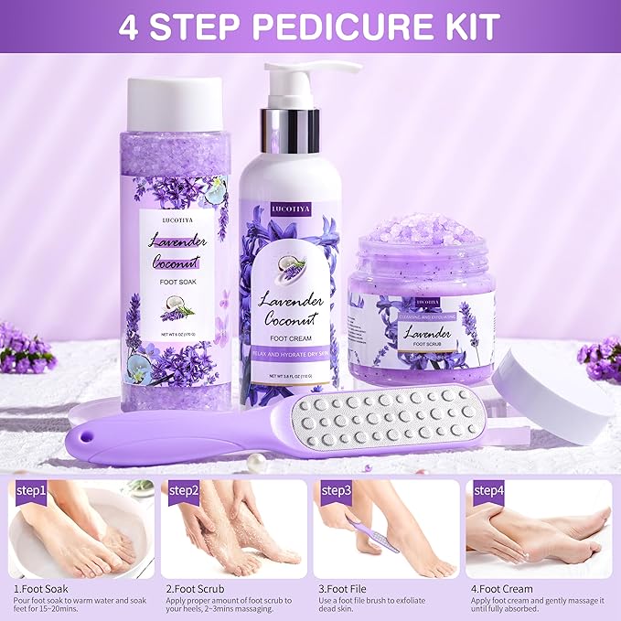 Lavender Foot Soak Set - Salts, Foot File, Scrub & Urea Cream Pedicure Supplies for Dry, Cracked Feet - Women's Spa Kit