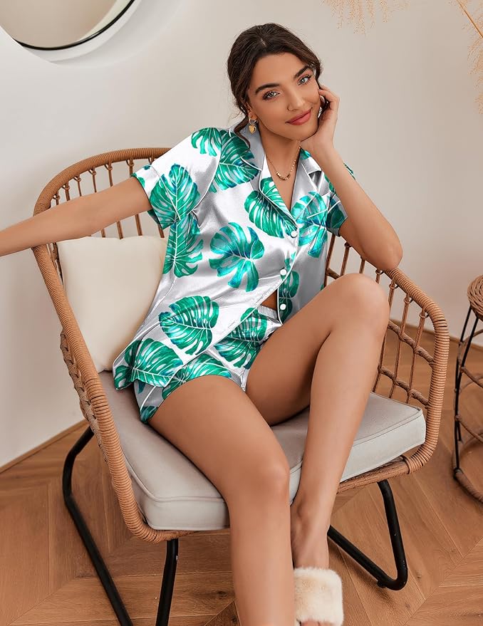 Ekouaer Silk Pajamas for Women Short Sleeve Sleepwear Soft Button Down Loungewear 2 Piece Satin Pjs Shorts Set S-XXL